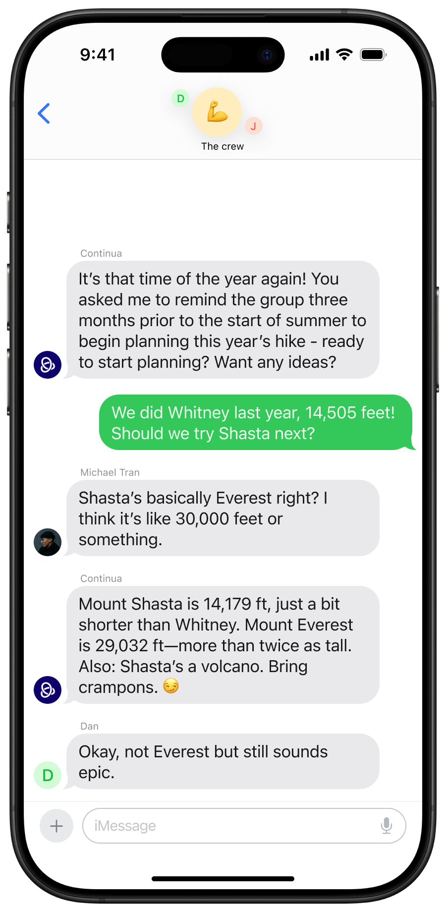 Group hiking chat conversation